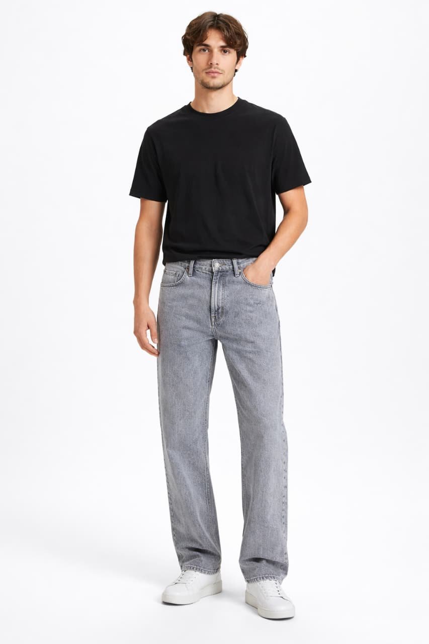 Rai-ox straight fit jeans in grey wash on a model