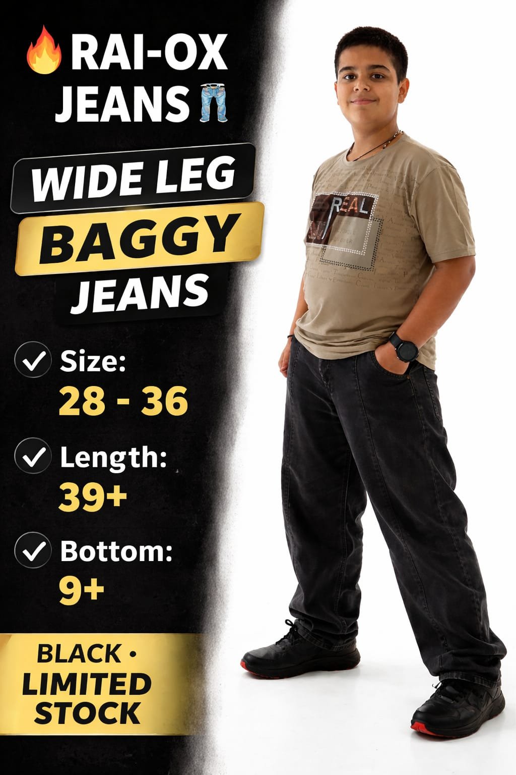 Rai-ox wide-leg baggy jeans size and stock details